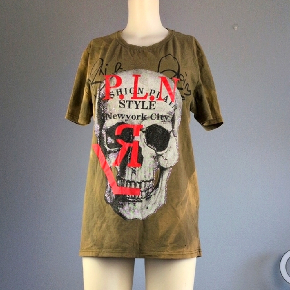 Phillip Plein Olive Graphic T-Shirt with Skull Design
